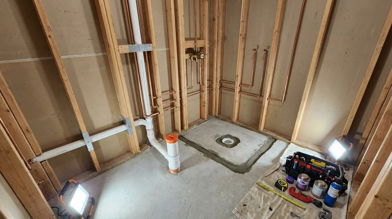 Bathroom rough-in plumbing during remodel by Johns Plumbing LLC in Ackerman