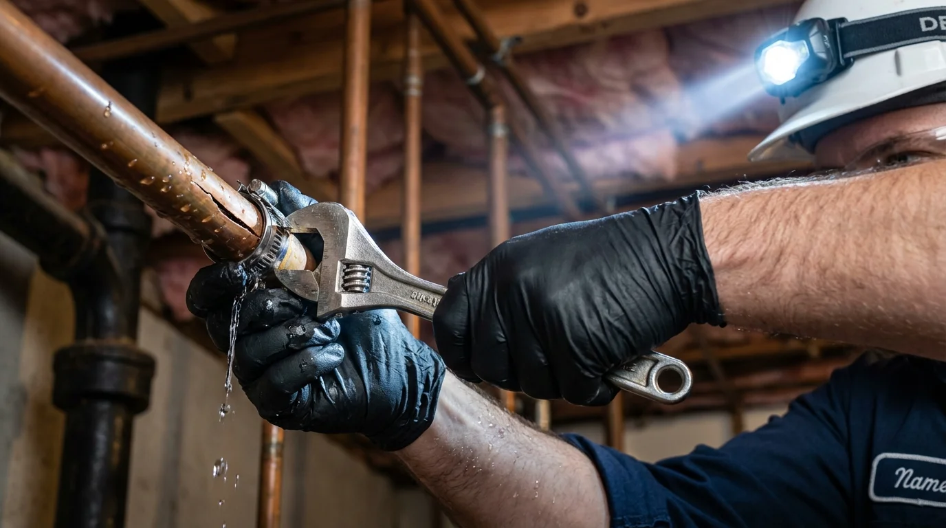 Emergency pipe clamp repair being performed by a Johns Plumbing LLC plumber in Ackerman