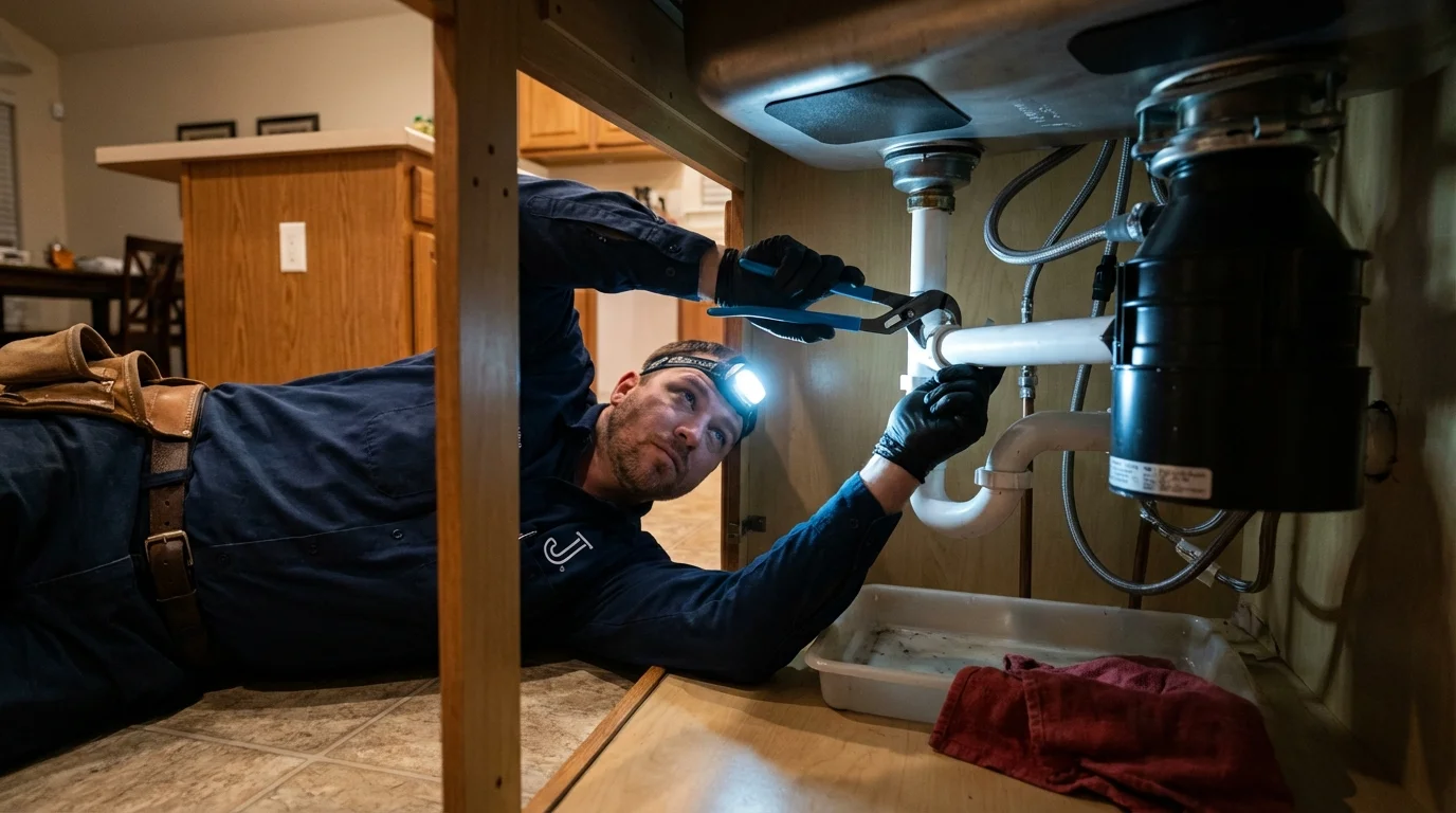 P-trap and supply line connections under a kitchen sink showing a common leak point in Ackerman, MS